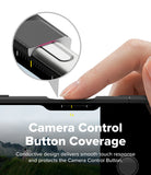 iPhone 18 Pro Case | Fusion Bold Magnetic Matte - Close-up of a finger pressing a camera control button on a smartphone, with a circular inset showing the button cover detail and text reading 'Camera Control Button Coverage' on a white background.