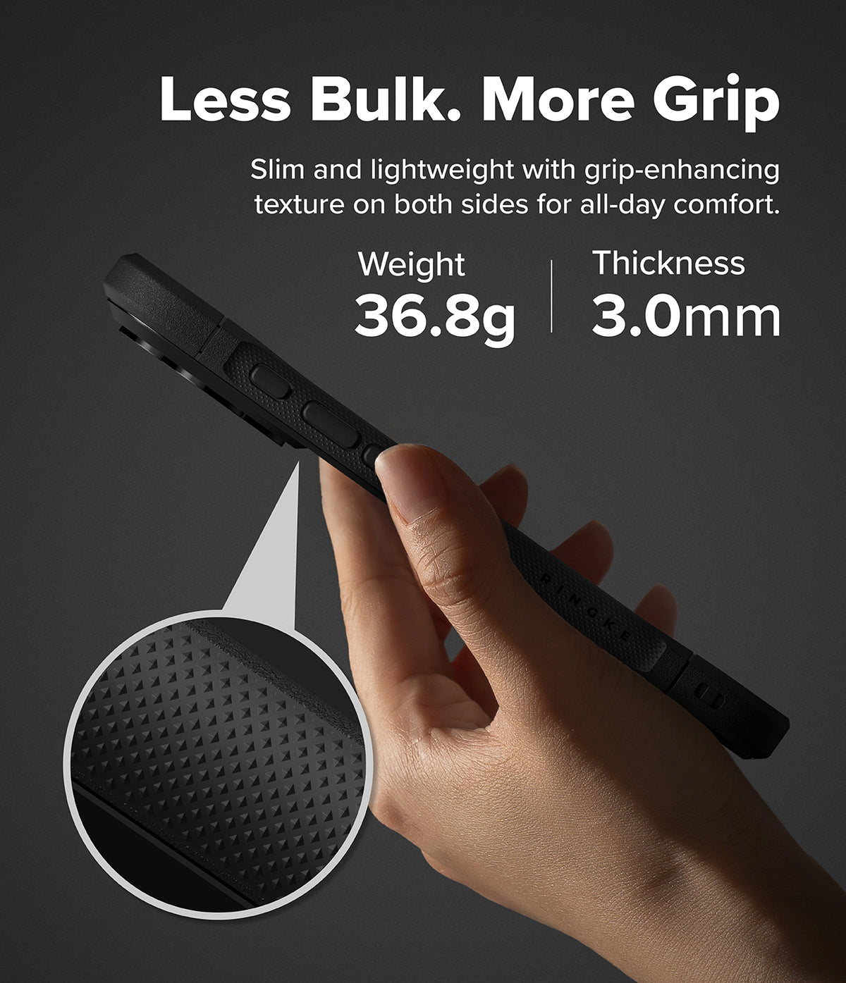 iPhone 18 Pro Case | Fusion Bold Magnetic Matte - A hand holds a black rugged smartphone case against a dark gray background, with marketing text reading 'Less Bulk. More Grip' and specs 'Weight 42.