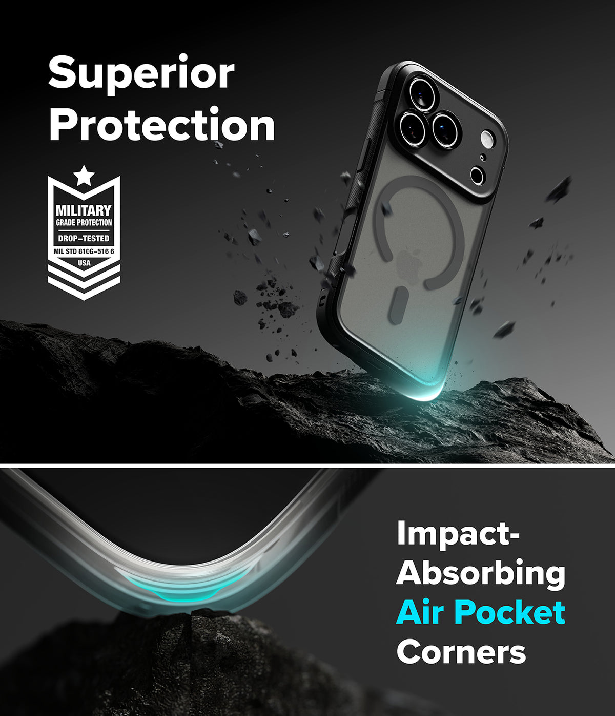 iPhone 18 Pro Case | Fusion Bold Magnetic Matte - A clear MagSafe-compatible phone case with a black bumper is shown floating above dark rocks in a dramatic promotional graphic. Text reads 'Superior Protection' and 'Impact-Absorbing Air Pocket Corners,' with a military drop-test badge on the left.