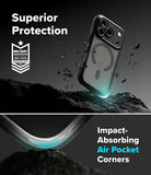 iPhone 18 Pro Case | Fusion Bold Magnetic Matte - A clear MagSafe-compatible phone case with a black bumper is shown floating above dark rocks in a dramatic promotional graphic. Text reads 'Superior Protection' and 'Impact-Absorbing Air Pocket Corners,' with a military drop-test badge on the left.