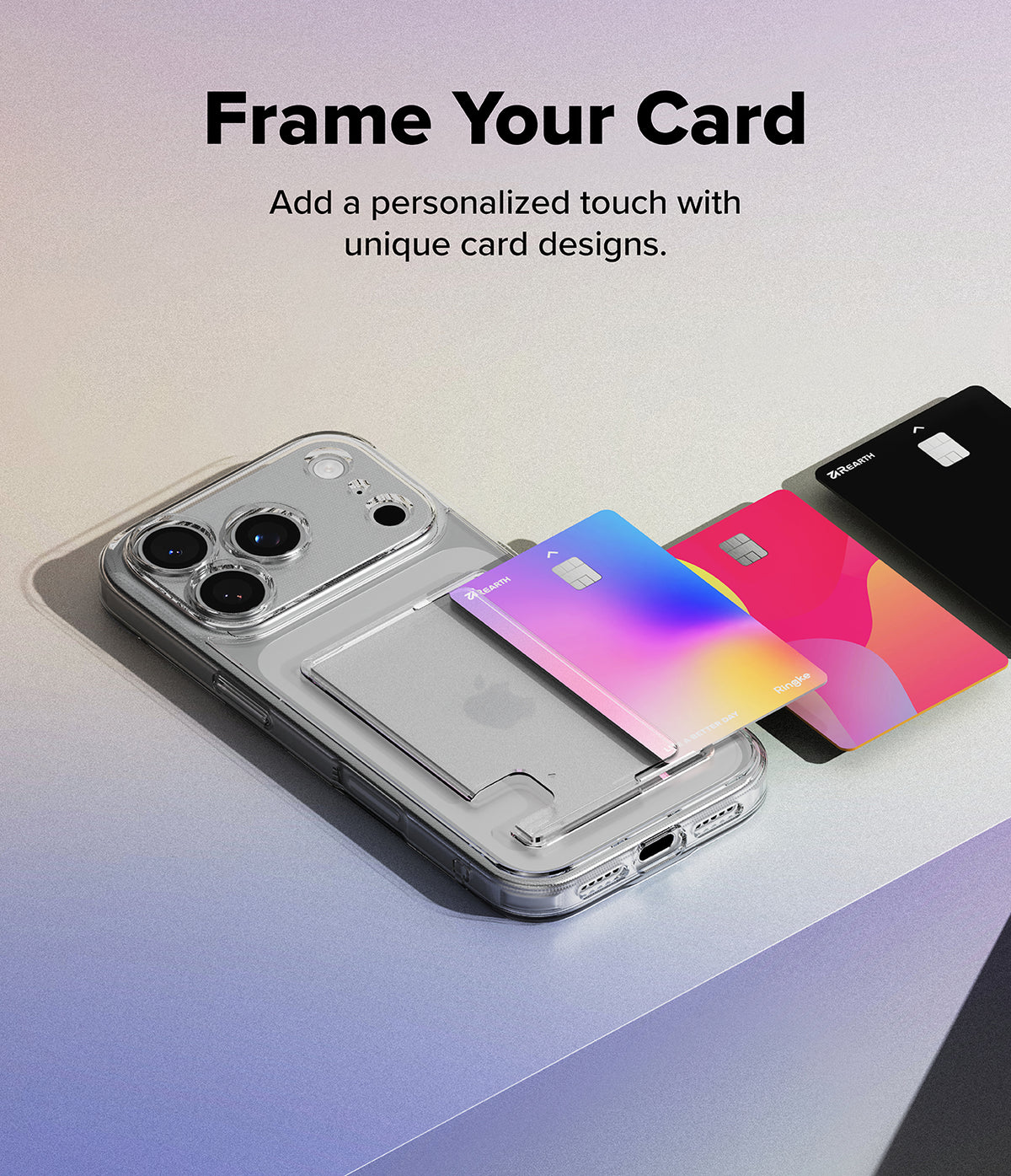 iPhone 18 Pro / Pro Max Case Fusion Card all-groups - A clear phone case with a built-in card slot holding a colorful card, shown on a smartphone. The image includes text reading 'Frame Your Card' and shows additional card designs in the slot and beside it.