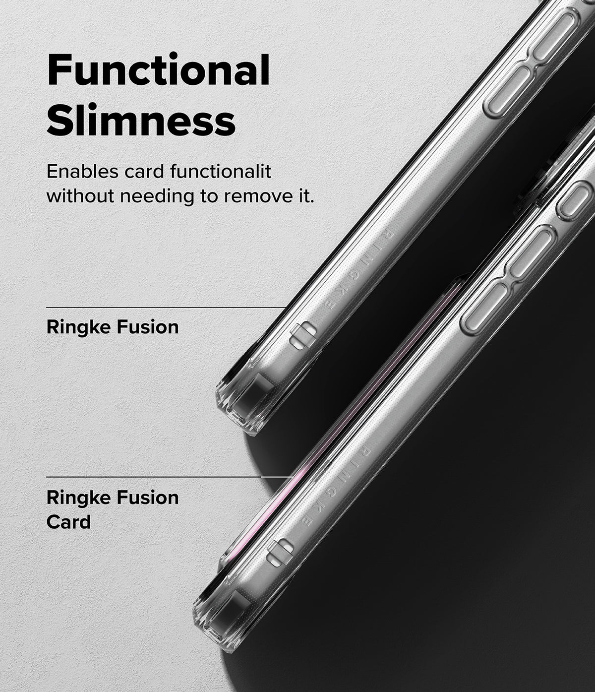 iPhone 18 Pro / Pro Max Case Fusion Card all-groups - Promotional graphic for the Ringke Fusion card case, showing a slim transparent phone case fitted over a silver smartphone, with text reading 'Functional Slimness' and 'Ringke Fusion Card'.