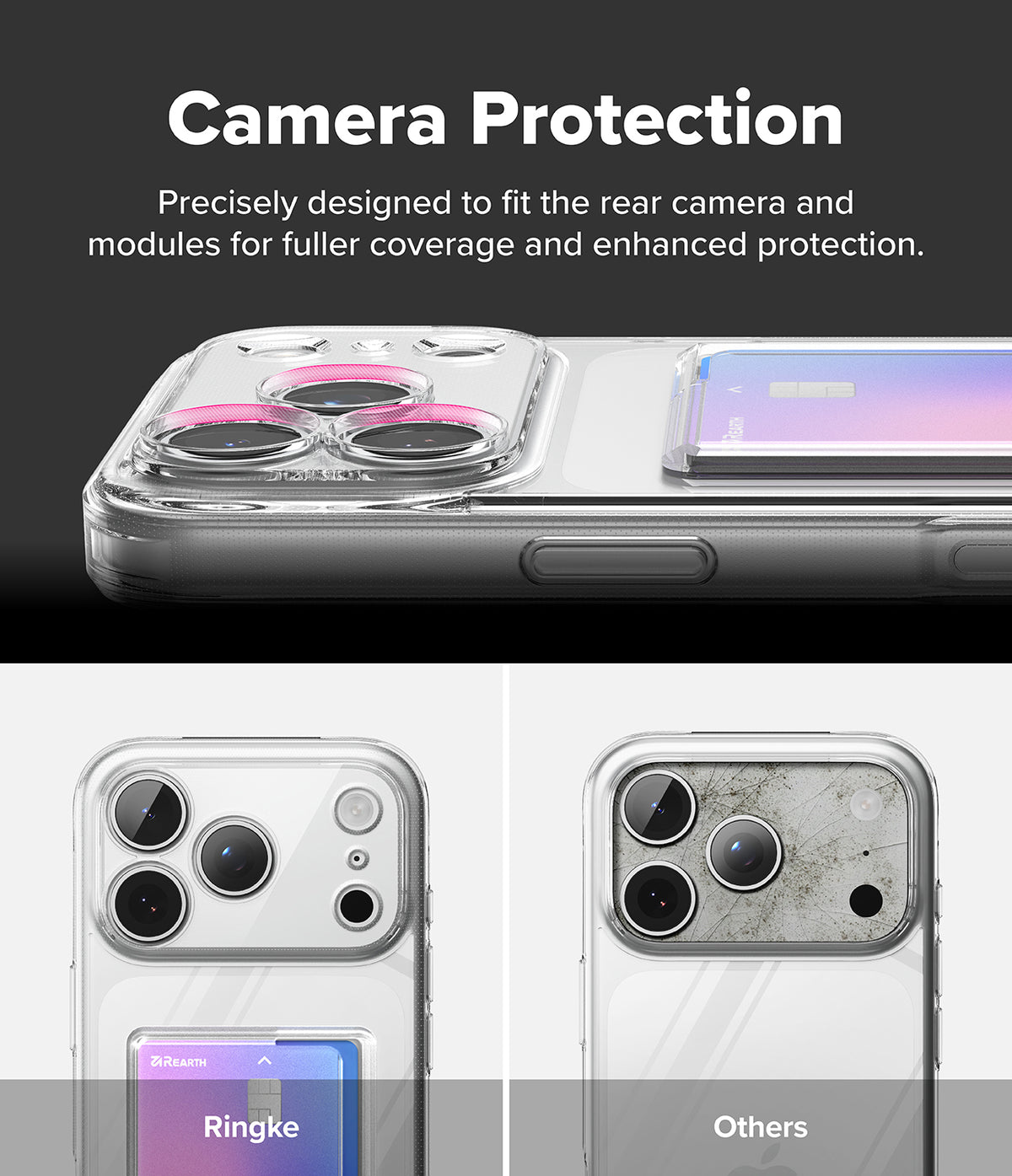 iPhone 18 Pro / Pro Max Case Fusion Card all-groups - Promotional graphic for a clear camera protection case, showing a phone with the case installed on the back. The top section has text reading 'Camera Protection' and a close-up of the case around the camera module, with pink highlights indicating fitment.