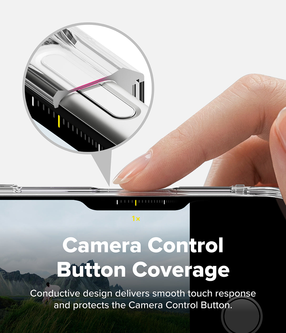 iPhone 18 Pro / Pro Max Case Fusion Card Magnetic all-groups - Phone case with camera control button coverage feature, showing a hand pressing the button.