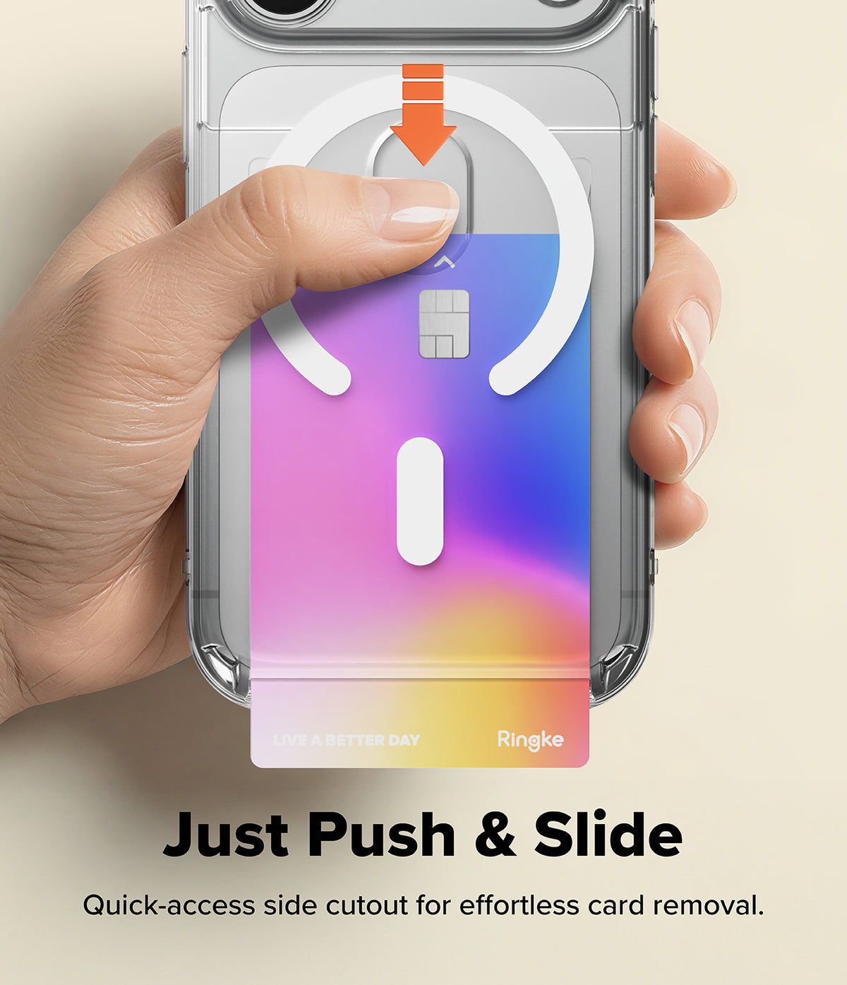 iPhone 18 Pro / Pro Max Case Fusion Card Magnetic all-groups - Hand holding a phone case with a quick-access side cutout, featuring the brand 'Ringke'.