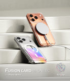 iPhone 18 Pro Case | Fusion Card Magnetic - Two transparent magnetic phone cases shown on iPhones, one rose gold and one iridescent pastel gradient, resting on white geometric steps. Text at the bottom reads 'FUSION CARD MAGNETIC for iPhone 17 Pro' with 'Ringke' branding.