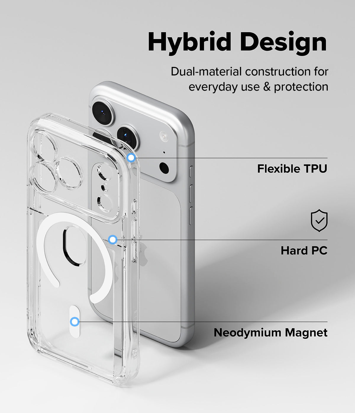 iPhone 18 Pro Case | Fusion Card Magnetic - Clear hybrid phone case with a silver smartphone shown from the back, with text callouts reading 'Hybrid Design,' 'Flexible TPU,' 'Hard PC,' and 'Neodymium Magnet' on a light gray background.