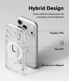 iPhone 18 Pro Case | Fusion Card Magnetic - Clear hybrid phone case with a silver smartphone shown from the back, with text callouts reading 'Hybrid Design,' 'Flexible TPU,' 'Hard PC,' and 'Neodymium Magnet' on a light gray background.