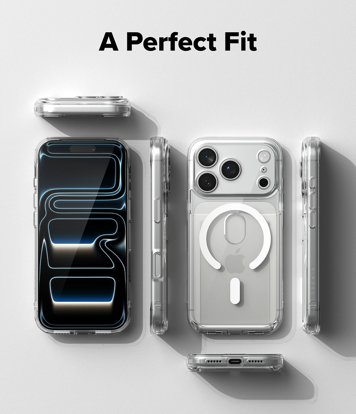 iPhone 18 Pro Case | Fusion Card Magnetic - A clear protective phone case shown from multiple angles on a smartphone, with the text 'A Perfect Fit' above. The case is transparent and includes a white MagSafe ring on the back, displayed against a clean light gray background.