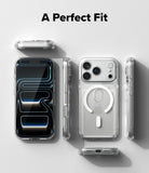 iPhone 18 Pro Case | Fusion Card Magnetic - A clear protective phone case shown from multiple angles on a smartphone, with the text 'A Perfect Fit' above. The case is transparent and includes a white MagSafe ring on the back, displayed against a clean light gray background.
