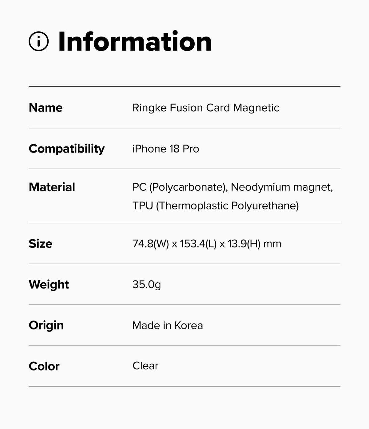 iPhone 18 Pro Case | Fusion Card Magnetic - Product information card for Ringke Fusion Card Magnetic with specifications.