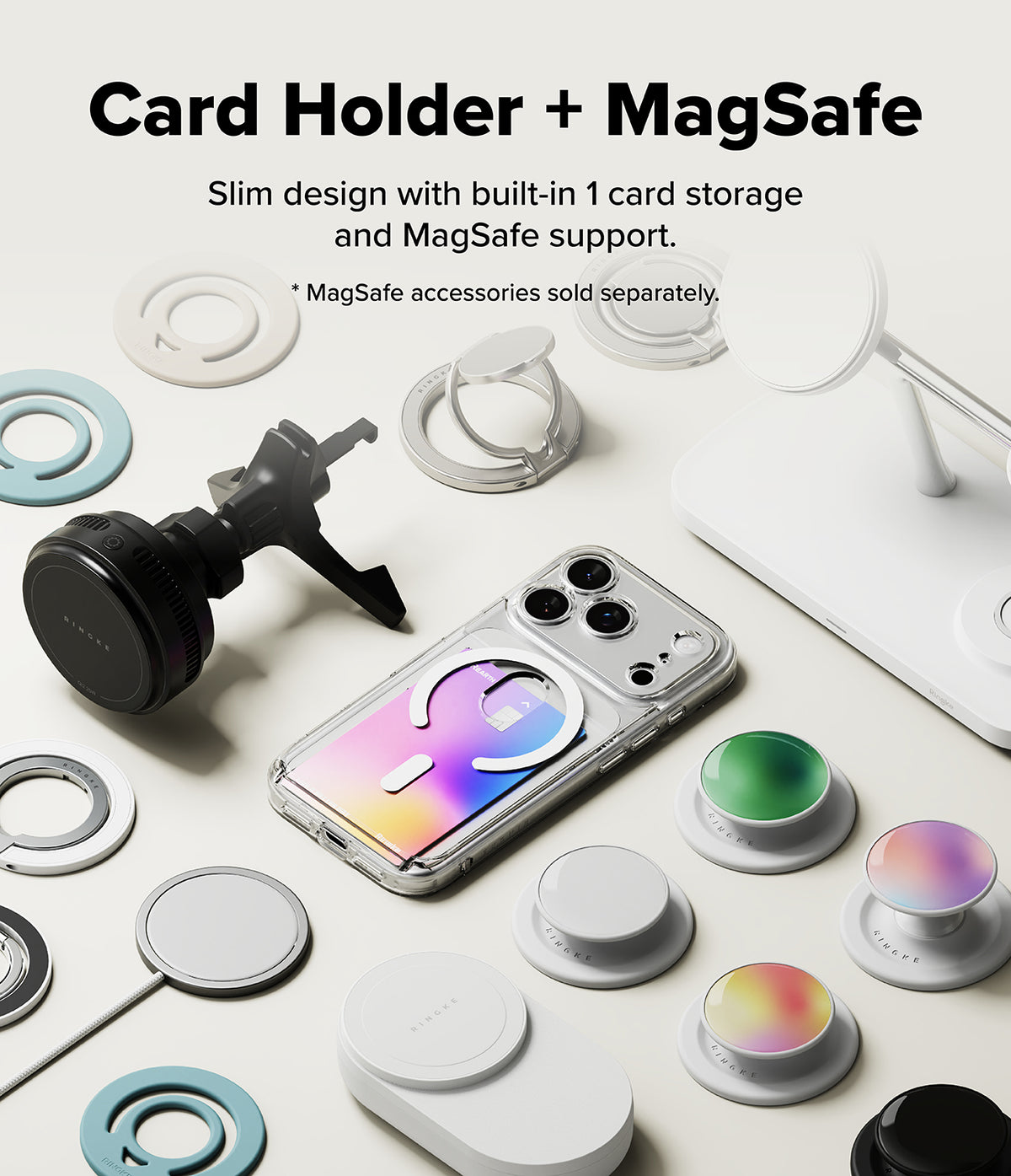 iPhone 18 Pro Case | Fusion Card Magnetic - Card holder with MagSafe support on a white surface with accessories.