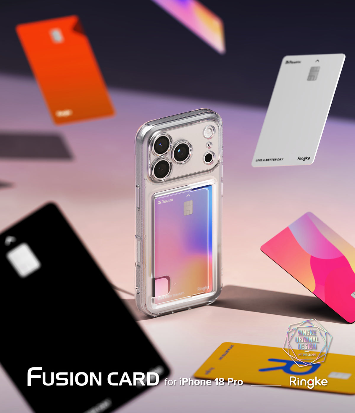 iPhone 18 Pro Case | Fusion Card - A clear protective phone case with an attached holographic magnetic fusion card, shown standing upright on a stylized surface with floating credit cards around it. Text at the bottom reads 'FUSION CARD for iPhone 14 Pro' and 'Ringke'.