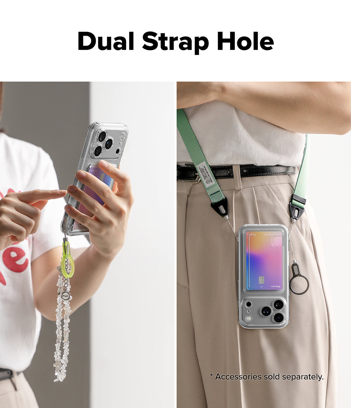 iPhone 18 Pro Case | Fusion Card - A promotional product image showing a phone case with a dual strap hole feature. The left panel shows a person holding a phone with a clear case and a dangling charm, pointing to the feature.