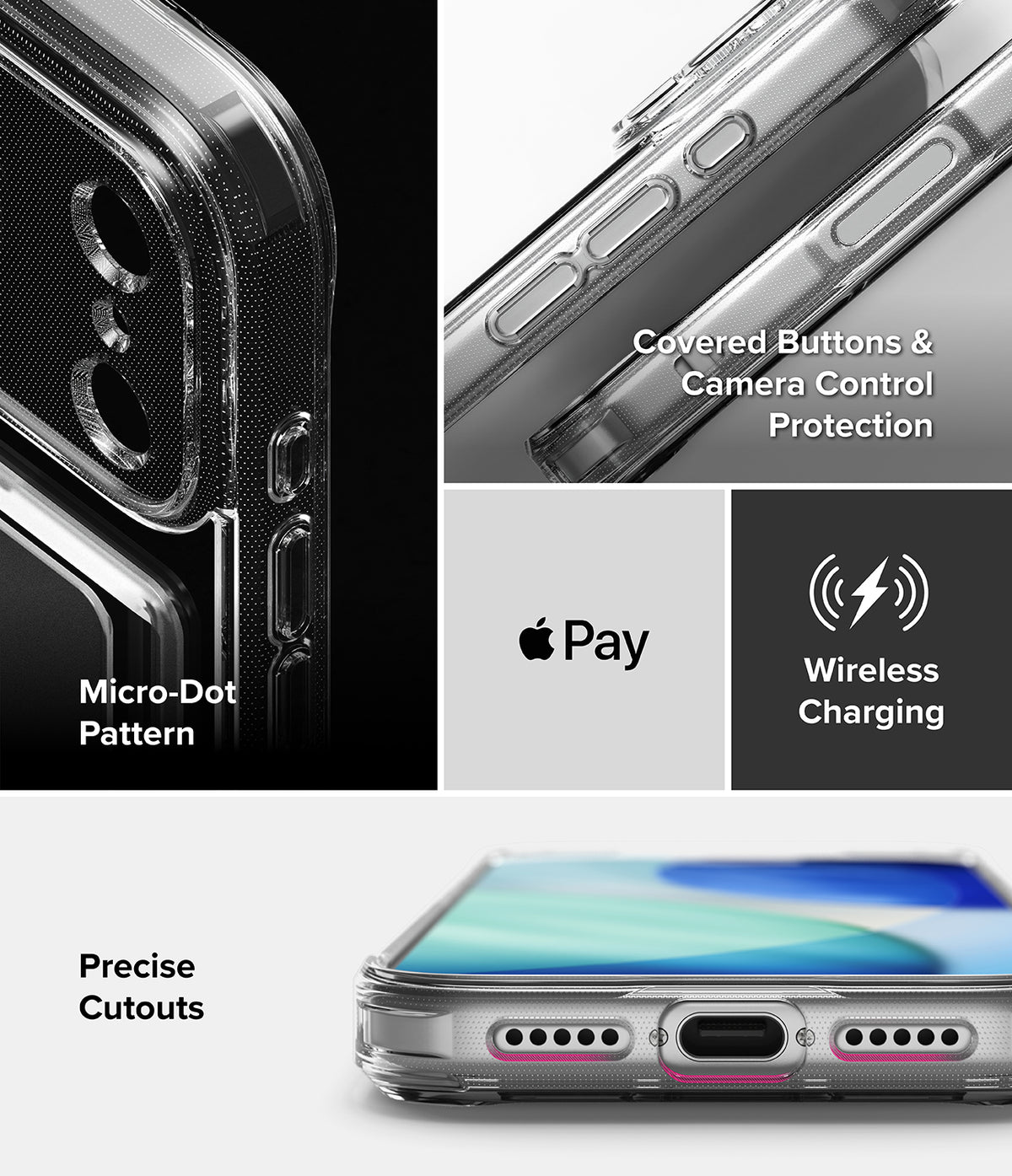 iPhone 18 Pro Case | Fusion Card - Clear protective phone case shown in a four-panel feature graphic. The panels highlight the case's corner protection, camera control coverage, wireless charging compatibility, and precise cutouts for the charging port and speaker holes.