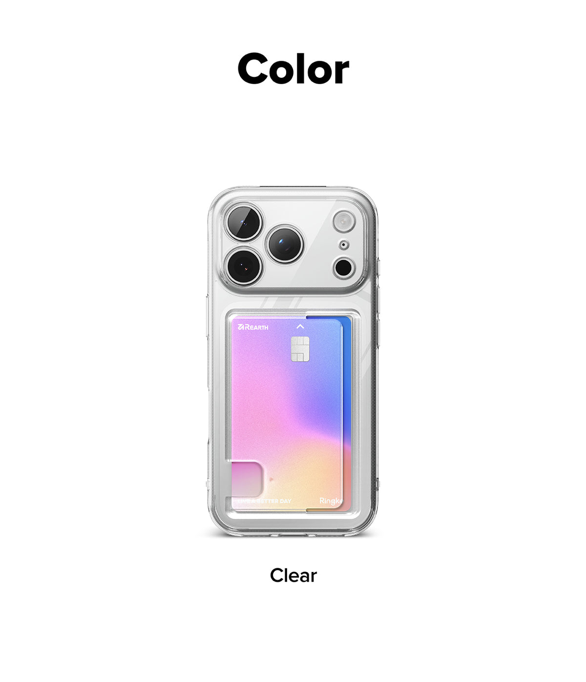 iPhone 18 Pro Case | Fusion Card - A clear phone case shown on a smartphone against a white background, with the word 'Color' at the top and 'Clear' at the bottom. The case is transparent and includes a built-in card holder containing a pastel gradient card.