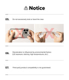 iPhone 18 Pro Case | Fusion Card - A printed notice sheet with text and two small demonstration photos showing a clear phone case. The notice says not to excessively twist or bend the case and mentions that discoloration is influenced by environmental factors, with a warning that third-party product compatibility is not guaranteed.