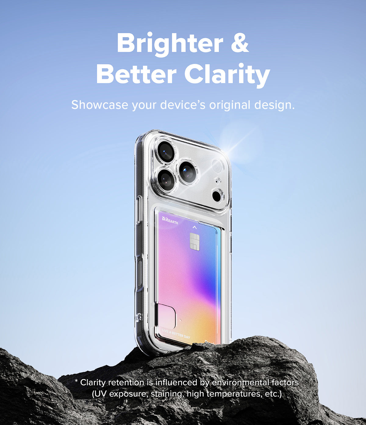 iPhone 18 Pro Case | Fusion Card - A clear protective phone case with a built-in card slot, shown on a smartphone standing on dark rocks against a blue sky. White text at the top reads 'Brighter & Better Clarity' and a small disclaimer appears at the bottom.