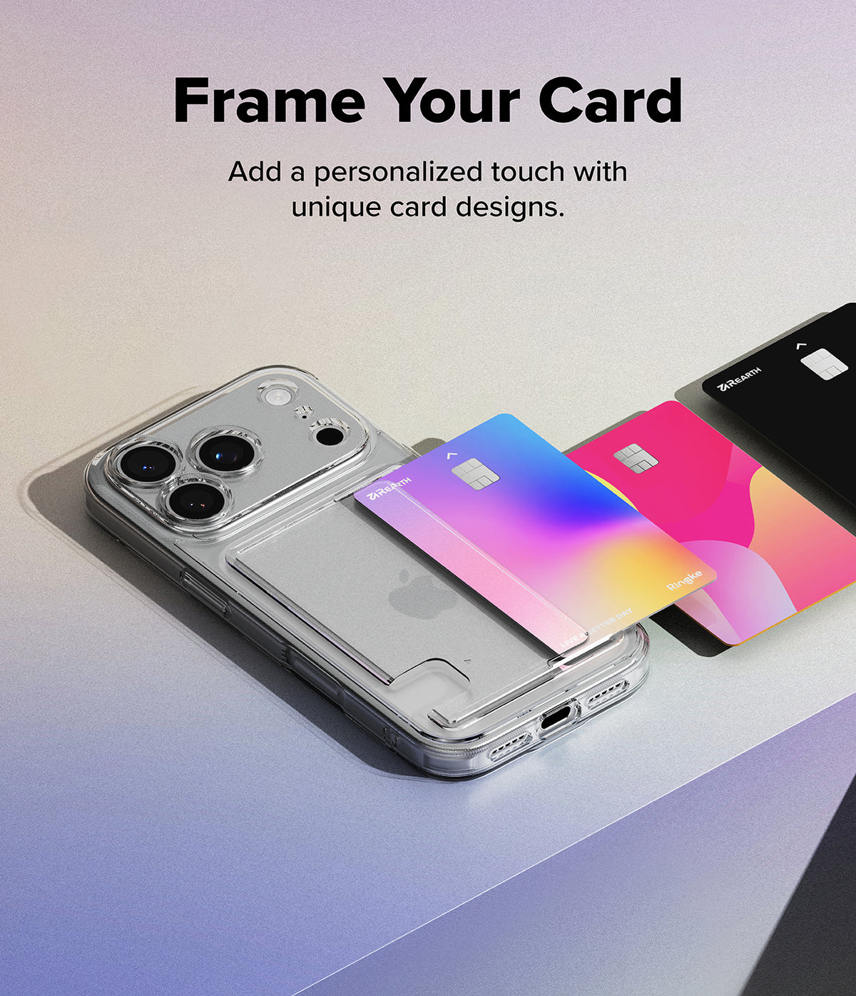 iPhone 18 Pro Case | Fusion Card - A clear phone case with an integrated card slot holding two credit cards, one blue-purple and one pink, shown on a smartphone. Text at the top reads 'Frame Your Card' and 'Add a personalized touch with unique card designs.