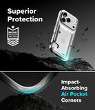 iPhone 18 Pro Case | Fusion Card - Clear protective phone case shown floating above dark rocks with marketing text reading 'Superior Protection' and 'Impact-Absorbing Air Pocket Corners.' The case appears transparent with a light blue glow effect, and a military impact-absorbing badge is visible on the left.
