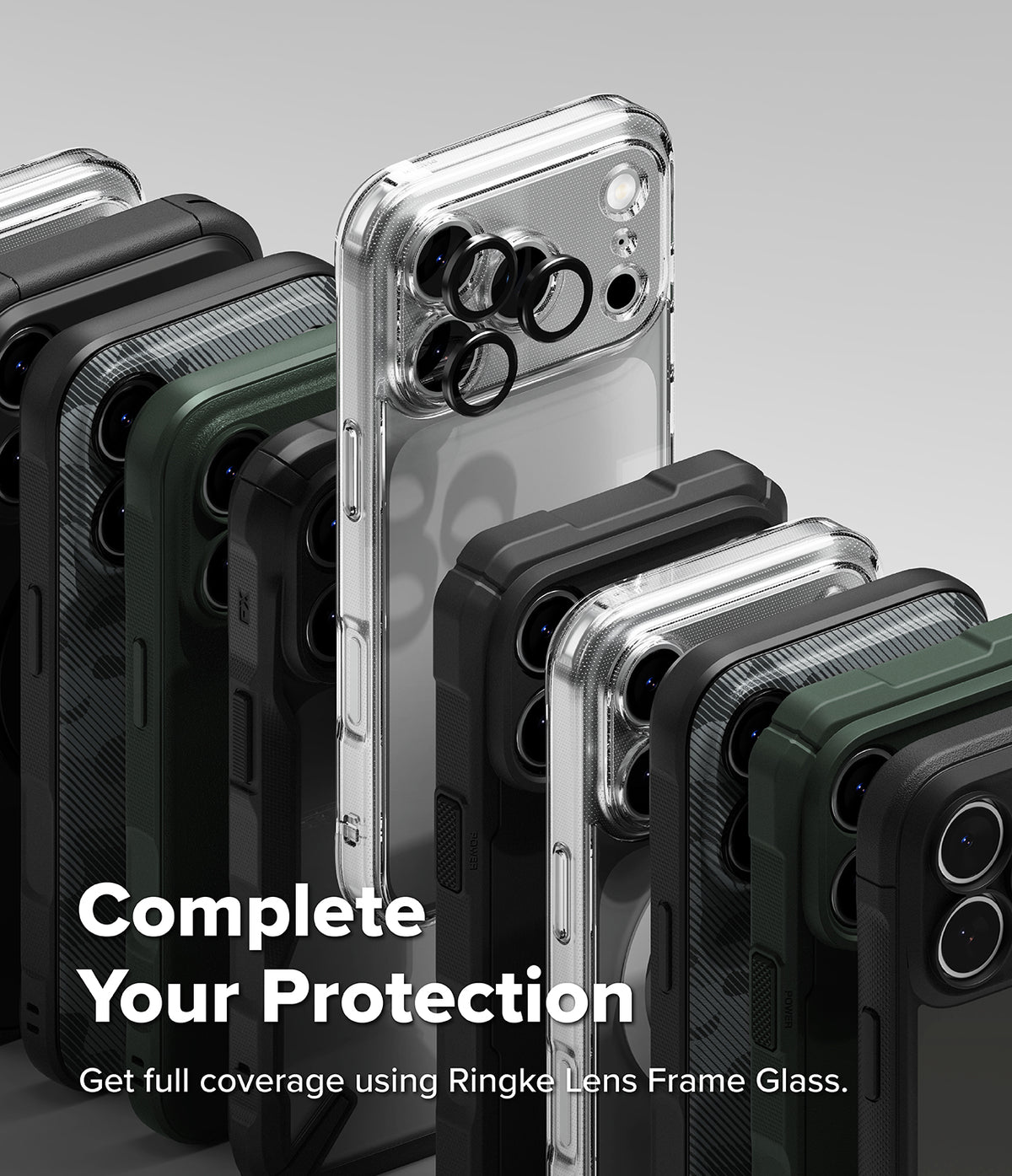 iPhone 18 Pro Case | Fusion - A promotional product image showing multiple smartphone cases arranged in a fan-like stack, including transparent, black, gray, and dark green options. The center case is clear with a black camera ring accessory visible.