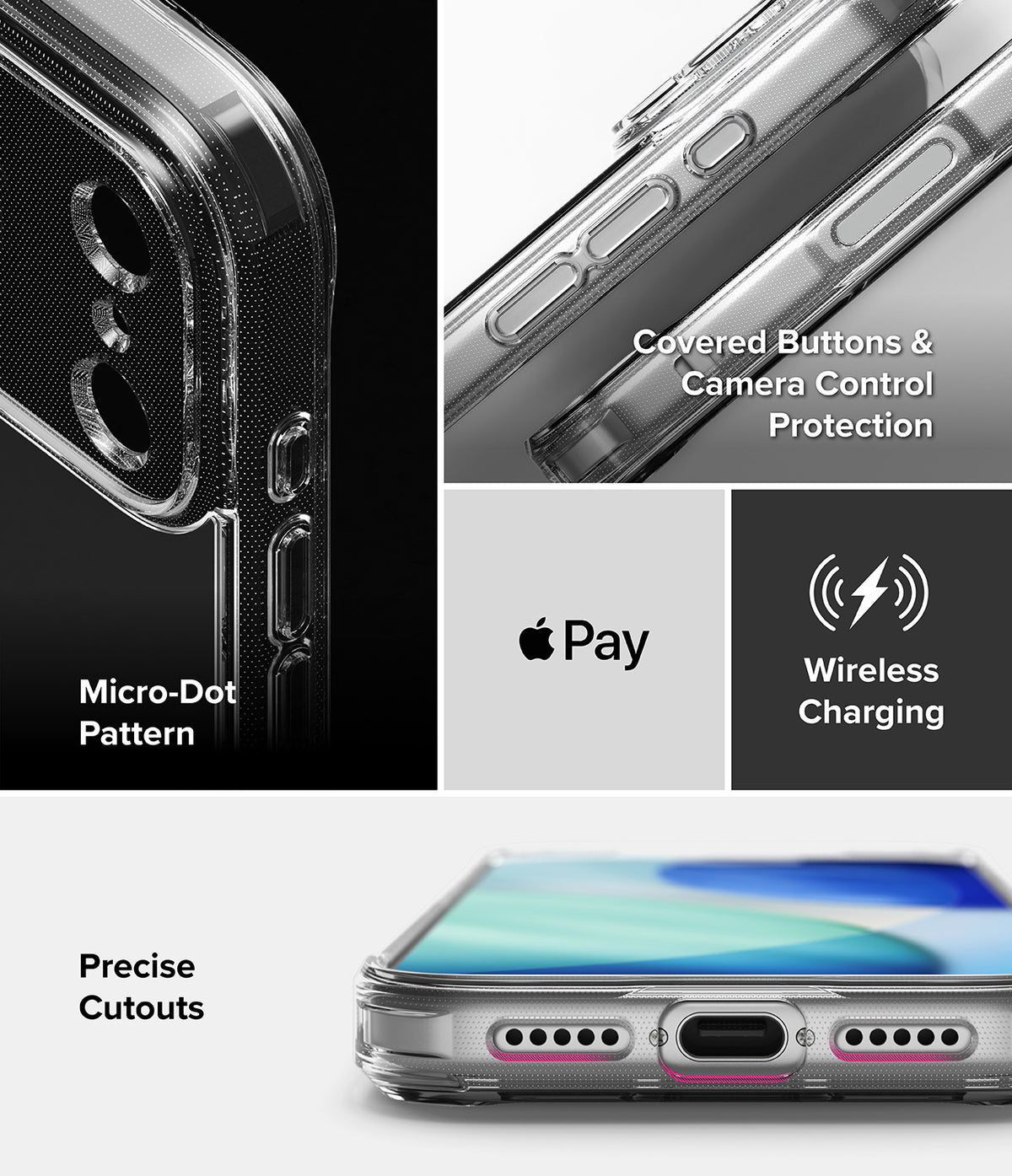 iPhone 18 Pro Case | Fusion - Transparent protective phone case shown in a four-panel feature graphic. The panels highlight a micro-dot camera pattern, covered buttons and camera control protection, wireless charging compatibility, and precise cutouts.