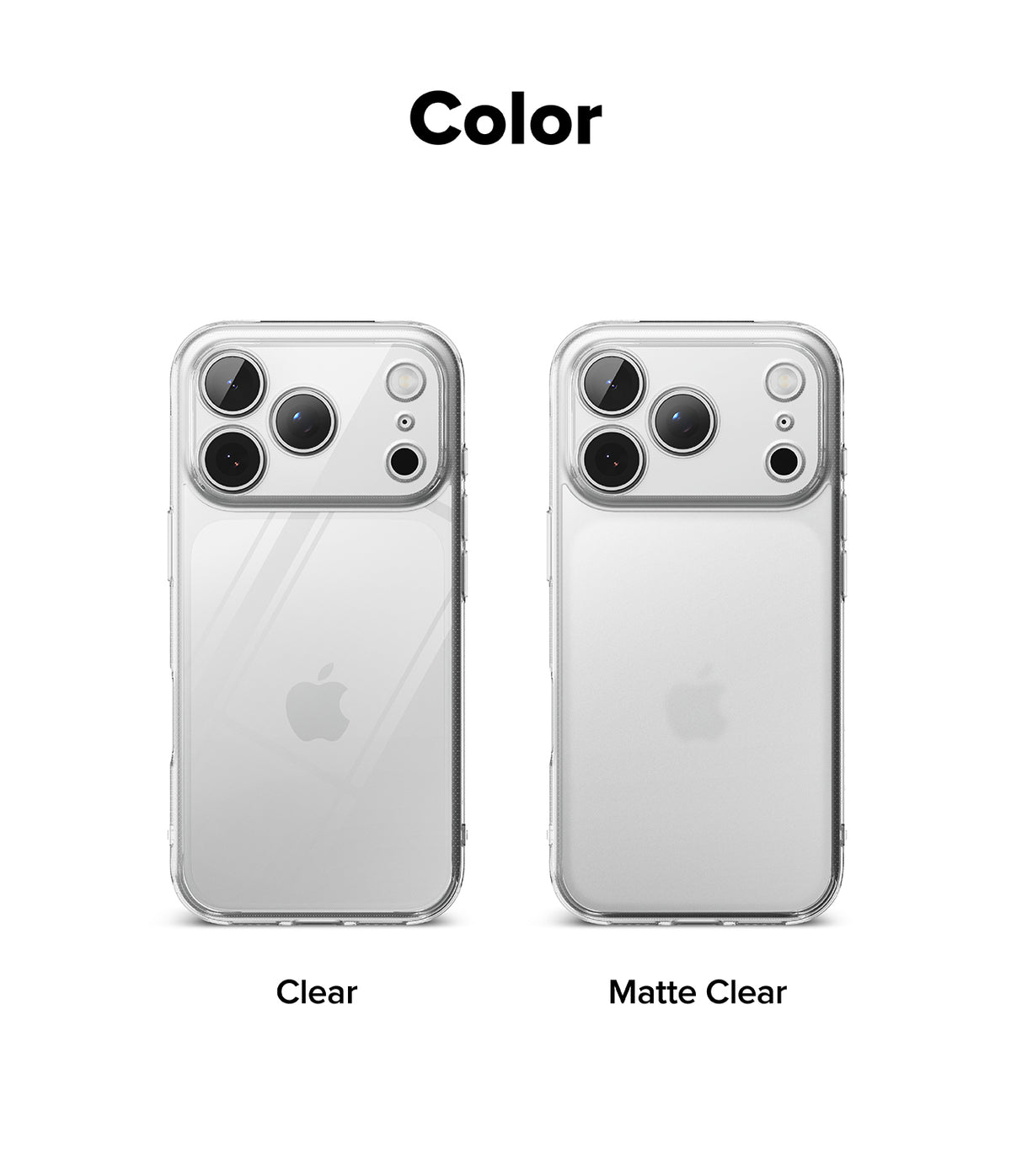 iPhone 18 Pro Case | Fusion - A color comparison graphic showing two clear phone cases on silver iPhones, labeled 'Clear' and 'Matte Clear' under the heading 'Color'.