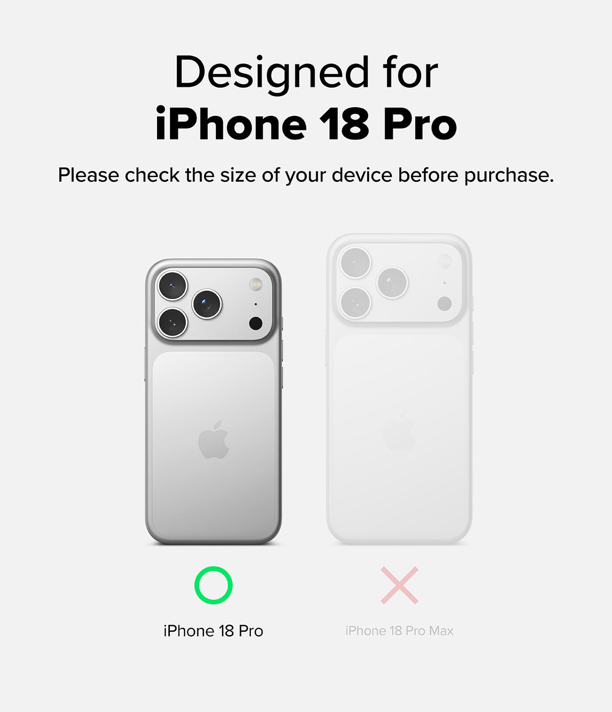 iPhone 18 Pro Case | Fusion - A compatibility graphic showing a phone case designed for iPhone 18 Pro. The left side displays a silver iPhone 18 Pro with a green circle icon below it, indicating the correct fit.