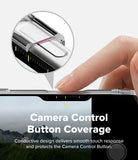 iPhone 18 Pro Case | Fusion - A close-up of a hand pressing the camera control button of a smartphone, with a circular inset showing a transparent protective cover over the button. Text on the image reads 'Camera Control Button Coverage' and describes a conductive design that delivers a smooth touch response and protects the camera button.