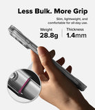 iPhone 18 Pro Case | Fusion - A hand holds a slim transparent phone case with a metallic silver inner layer, shown with marketing text reading 'Less Bulk. More Grip' and weight/thickness specs.