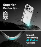iPhone 18 Pro Case | Fusion - A clear protective phone case shown on a smartphone, with marketing text reading 'Superior Protection' and 'Impact-Absorbing Air Pocket Corners.' The design includes a military impact-absorbing badge and a dramatic dark background with floating debris and a curved transparent corner detail.