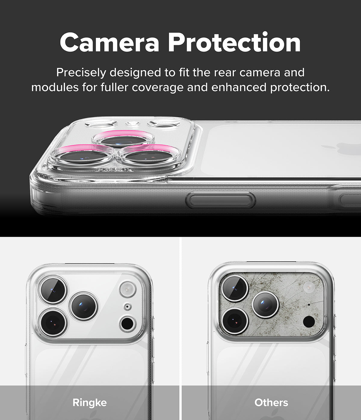 iPhone 18 Pro Case | Fusion - Promotional graphic for a phone camera protection case. The top section shows a clear camera protector fitted over the rear camera of a white phone, with text reading 'Camera Protection' and a pink highlight indicating fitment.