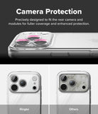 iPhone 18 Pro Case | Fusion - Promotional graphic for a phone camera protection case. The top section shows a clear camera protector fitted over the rear camera of a white phone, with text reading 'Camera Protection' and a pink highlight indicating fitment.