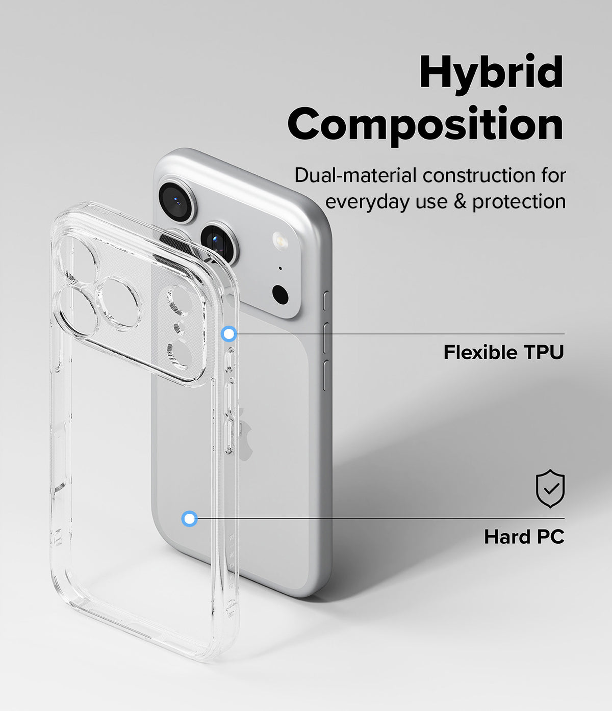 iPhone 18 Pro Case | Fusion - Clear hybrid phone case shown in front of a silver smartphone on a light gray background, with text reading 'Hybrid Composition' and callouts for 'Flexible TPU' and 'Hard PC'.