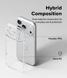 iPhone 18 Pro Case | Fusion - Clear hybrid phone case shown in front of a silver smartphone on a light gray background, with text reading 'Hybrid Composition' and callouts for 'Flexible TPU' and 'Hard PC'.