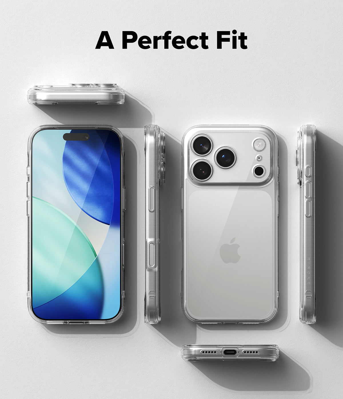 iPhone 18 Pro Case | Fusion - A clear protective phone case shown in multiple angles on a light gray background, with the text 'A Perfect Fit' at the top. The phone inside is visible to demonstrate the case's fit.