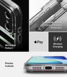 iPhone 18 Pro Case | Fusion Design - A clear protective phone case shown in a four-panel collage highlighting features: a close-up of the camera and micro-dot pattern, covered buttons and camera control protection, wireless charging compatibility, and precise cutouts.