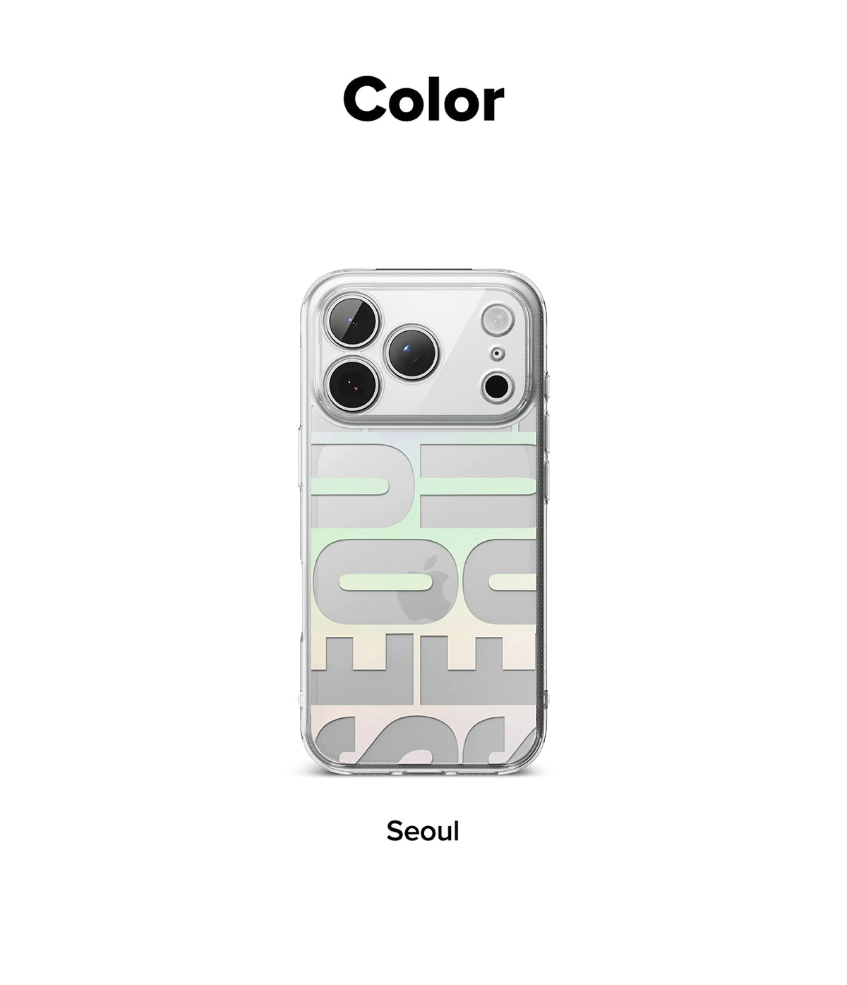 iPhone 18 Pro Case | Fusion Design - A clear iPhone case with a light gray and pale green abstract geometric pattern, shown on a white background with the text 'Color' at the top and 'Seoul' at the bottom.