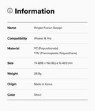 iPhone 18 Pro Case | Fusion Design - A digital information card displaying specifications for a Ringke Fusion Design phone case. The card lists compatibility with the iPhone 18 Pro, material as PC and TPU, dimensions of 74.