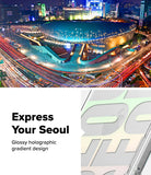 iPhone 18 Pro Case | Fusion Design - A promotional graphic for a glossy holographic gradient design featuring a nighttime aerial photograph of Seoul's Haneda Airport terminal and surrounding traffic at the top, with the text 'Express Your Seoul' and 'Glossy holographic gradient design' on a white lower-left section.