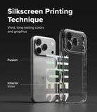 iPhone 18 Pro Case | Fusion Design - A clear phone case shown beside a silver phone, with text reading 'Silkscreen Printing Technique' and labels pointing to 'Fusion' and 'Interior Inner.' The image explains the transparent printed design of the case rather than showing a plain product-only studio shot.