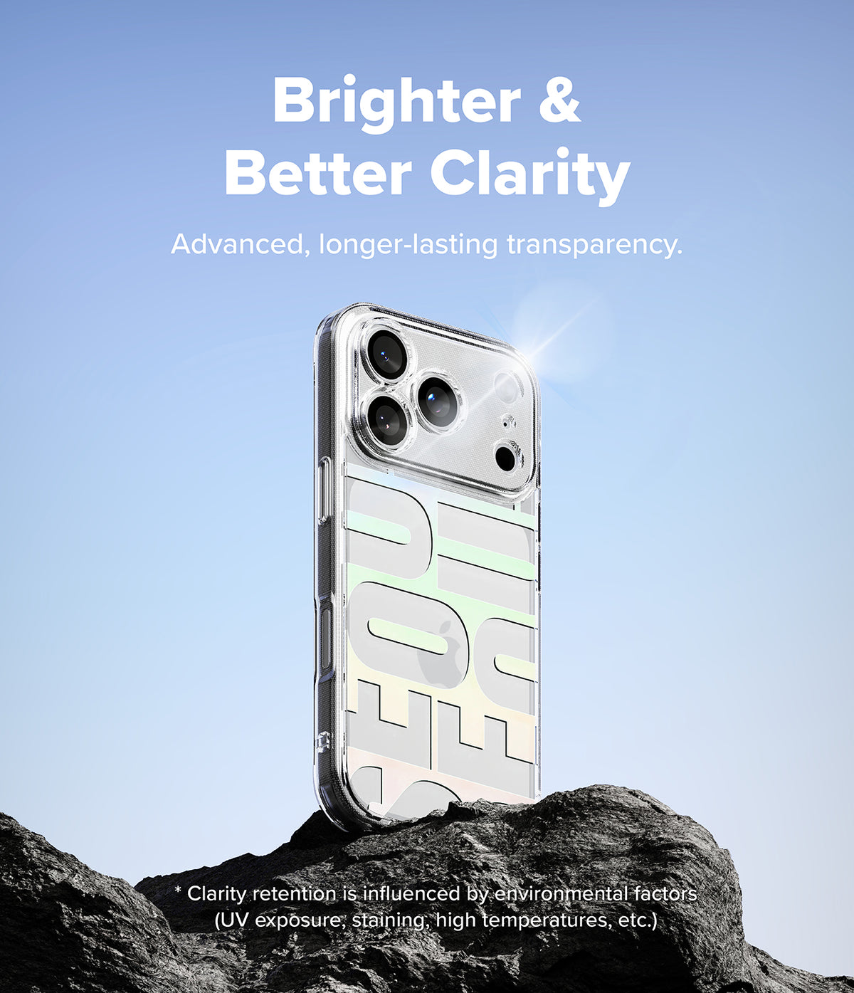 iPhone 18 Pro Case | Fusion Design - A clear protective phone case shown on the back of a white iPhone, standing on dark rocks against a blue sky background. White text at the top reads 'Brighter & Better Clarity' with smaller descriptive copy below.