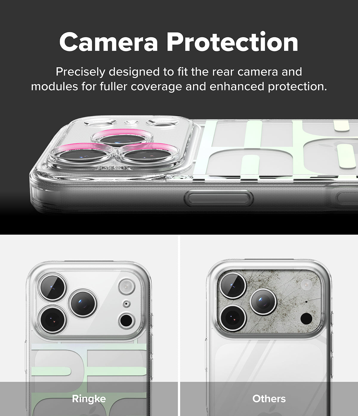 iPhone 18 Pro Case | Fusion Design - Promotional graphic for a phone camera protection case. The top section shows a close-up of a clear case with a pink accent ring around the rear camera cutout, with text reading 'Camera Protection.