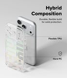iPhone 18 Pro Case | Fusion Design - Transparent hybrid phone case with a colorful gradient design, shown next to a silver smartphone on a light gray background with descriptive text highlighting its flexible TPU and hard PC materials.