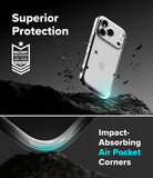 iPhone 18 Pro Case | Fusion Matte - Phone case with military-grade protection rating and impact-absorbing air pocket corners on a dark background.