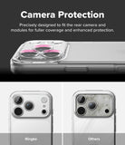 iPhone 18 Pro Case | Fusion Matte - Promotional graphic for a clear camera protection case shown on a smartphone. The top section has a dark background with the text 'Camera Protection' and a close-up of the case around the rear camera, highlighted with a pink ring.