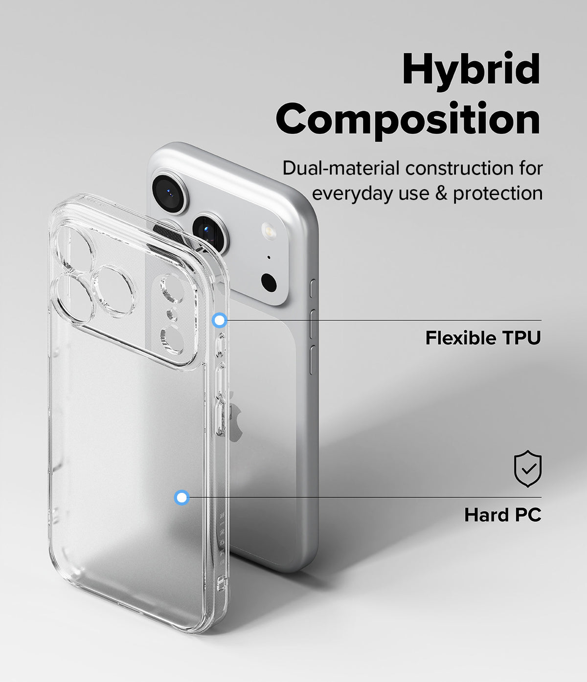 iPhone 18 Pro Case | Fusion Matte - Clear hybrid phone case shown on a silver smartphone against a light gray background, with text reading 'Hybrid Composition' and callouts for 'Flexible TPU' and 'Hard PC'.