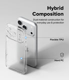 iPhone 18 Pro Case | Fusion Matte - Clear hybrid phone case shown on a silver smartphone against a light gray background, with text reading 'Hybrid Composition' and callouts for 'Flexible TPU' and 'Hard PC'.