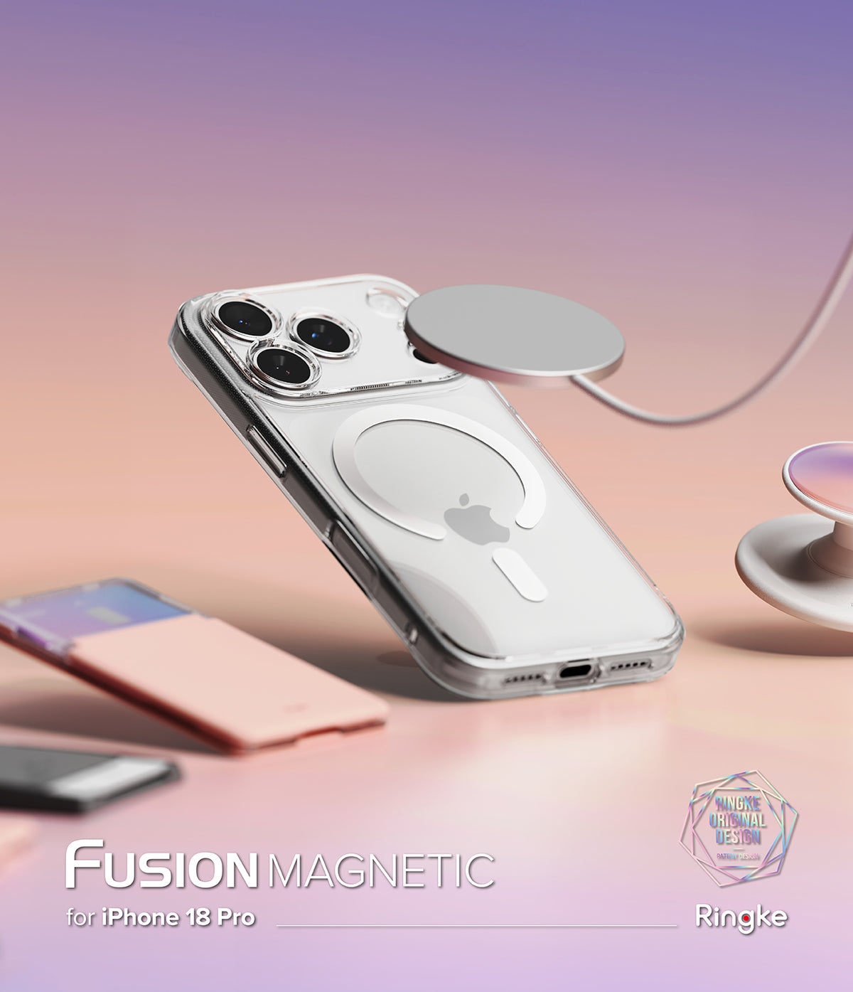 iPhone 18 Pro Case | Fusion Magnetic - A clear magnetic phone case shown on a smartphone, with a floating silver MagSafe ring and cable. The case has a cutout for the camera and a MagSafe-compatible magnetic ring on the back.