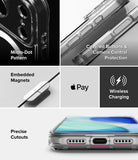iPhone 18 Pro Case | Fusion Magnetic - A 4-panel promotional graphic showing a transparent phone case with features labeled: Micro-Dot Pattern, Covered Buttons & Camera Control Protection, Embedded Magnets, and Wireless Charging. The Apple Pay logo is visible, and the bottom panel shows the case fitted on a phone with precise cutout openings.